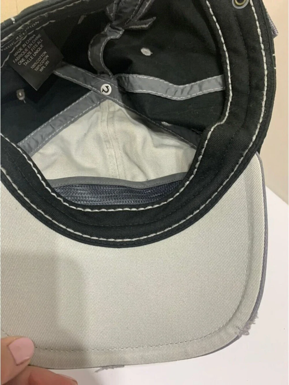 True Religion Brand Jeans Distressed Baseball Hat Gray Black Adjustable OSFA